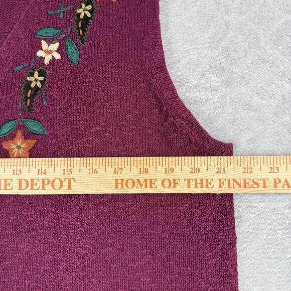 Vtg Sweater Vest Womens XL Burgundy Floral Embroidered Knit Grandma Cottage Boho - Picture 5 of 9